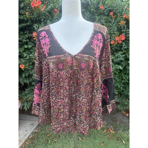 Raga Embroidered Peasant Top Crop Pink Hippie Boho Gauze Plunge Large NEW - Picture 7 of 7